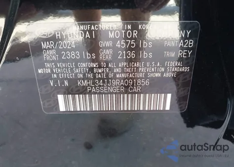 2024 Hyundai Sonata Hybrid Sel from USA, damaged, VIN KMHL34JJ9RA091856